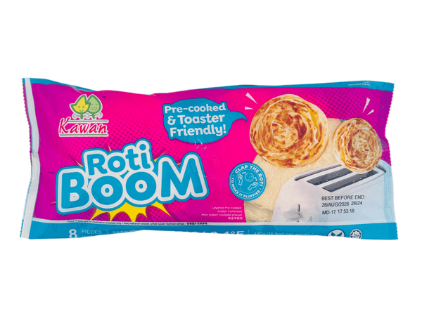 Kawan Roti Boom pre-cooked Indian flatbread package, toaster friendly with two toasted rotis