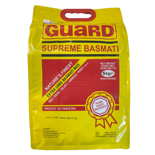 Guard Supreme Basmati rice 5kg yellow bag with red label, extra long pure aged basmati from Pakistan