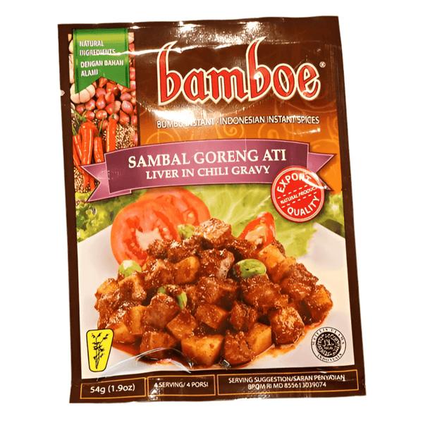 Bamboe Sambal Goreng Ati packet featuring liver in chili gravy Indonesian spice mix with tomato and chili images