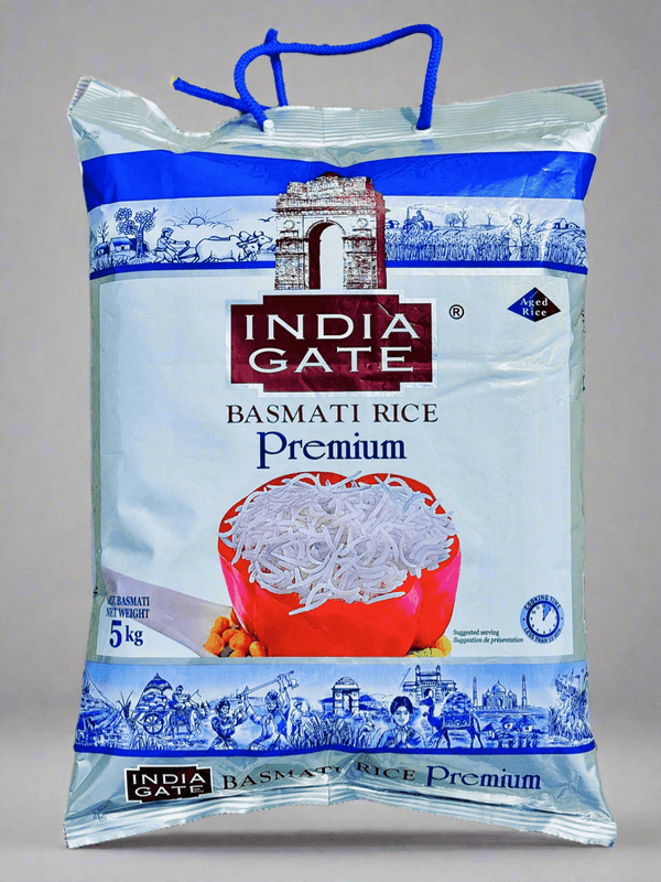 5kg India Gate Premium Basmati Rice bag with cooked rice image and traditional Indian illustrations