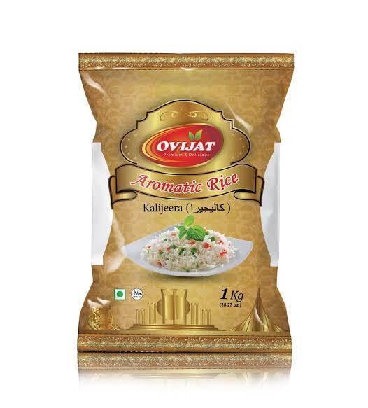 OVIJAT Aromatic Rice Kalijeera 1kg pack with image of cooked rice on plate and gold-themed packaging