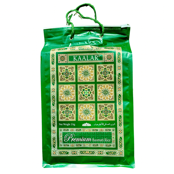 Green KAALAR bag with ornate gold and green patterns, holding 5kg Premium Basmati Rice