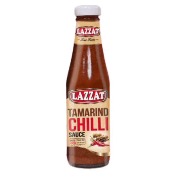 Bottle of Lazzat Tamarind Chilli Sauce with label showing tamarind and red chilies
