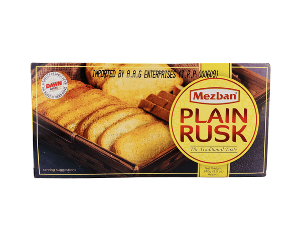 Mezban Plain Rusk packaging with sliced toasted bread in a basket, labeled net weight 240g