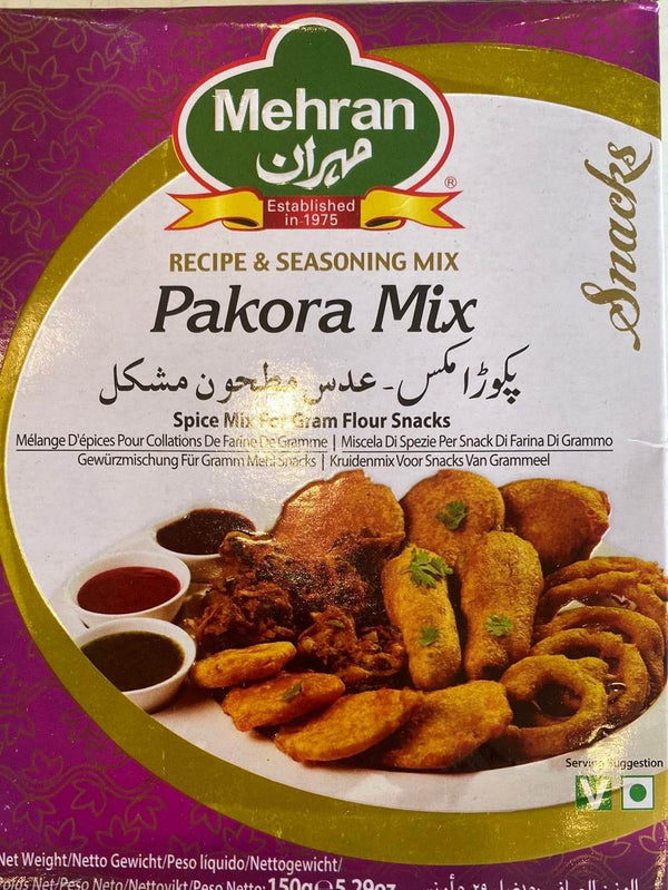 Mehran Pakora Mix packet with image of assorted golden fried pakoras and dipping sauces