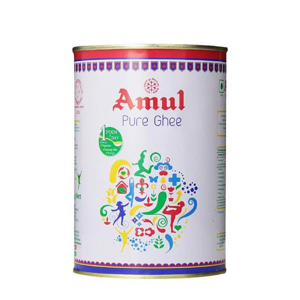Amul Pure Ghee tin with colorful artistic design and health benefits label on white background