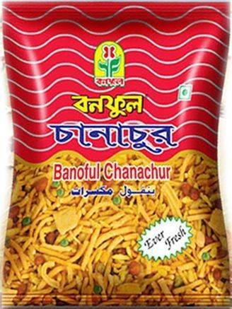 Banoful Chanachur snack pack with spicy Indian savory mixture on red packaging