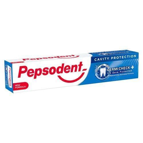 Pepsodent toothpaste box with Germi Check+ formula, cavity protection, and 12h germ defense