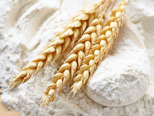 Close-up of wheat ears on a wooden spoon filled with white flour pile