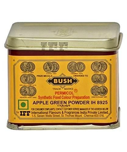 Bush Permicol Apple Green Powder synthetic food color in a rectangular metal tin with gold lid