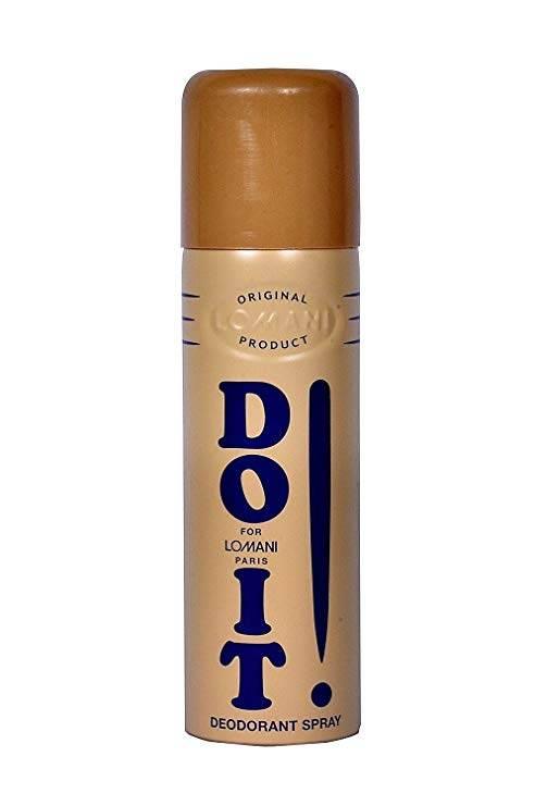 Do It! deodorant spray by Lomani Paris in beige cylindrical can with brown cap