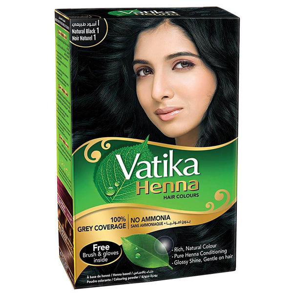 Vatika Henna Natural Black hair colour box featuring woman with black hair, no ammonia, 100% grey coverage