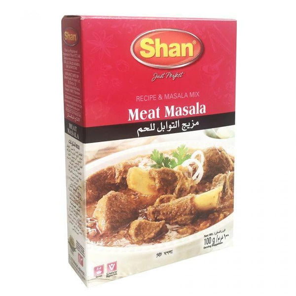 Shan Meat Masala recipe and spice mix box with lamb curry image on packaging