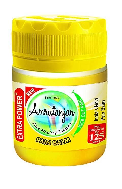 Yellow jar of Amrutanjan Extra Power Pain Balm with green and red label, India's No.1 pain relief balm