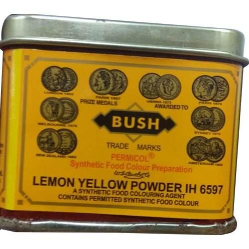 Vintage Bush Lemon Yellow Powder synthetic food coloring tin with prize medals graphics
