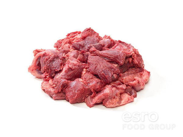 Raw beef cheeks meat pile with visible marbling and fat on white background