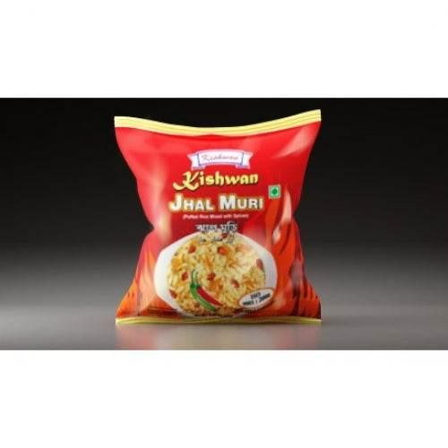 Kishwan Jhal Muri spicy puffed rice snack in red packaging with image of snack bowl