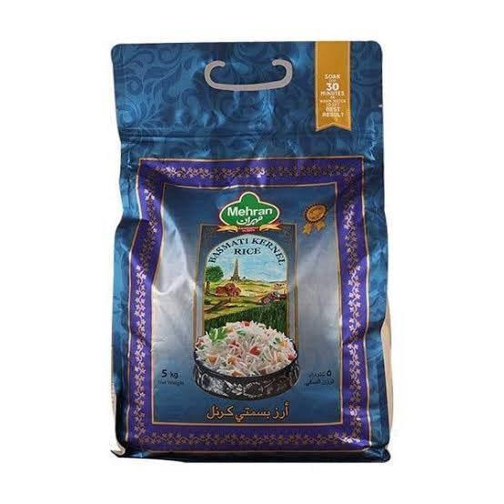 5kg bag of Mehran Basmati Kernel Rice with blue packaging and image of cooked rice bowl