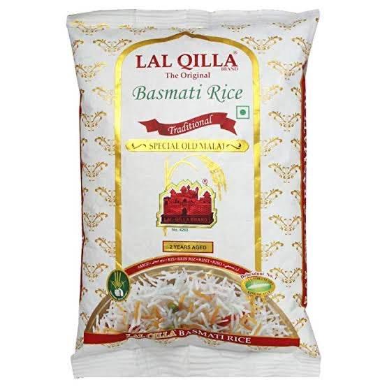 Lal Qilla Brand Traditional Basmati Rice 2 Years Aged Special Old Malai packaging with cooked rice image