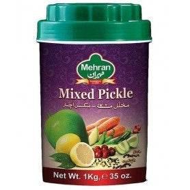 Mehran brand 1kg mixed pickle container with lemon, chili, and spices on purple label
