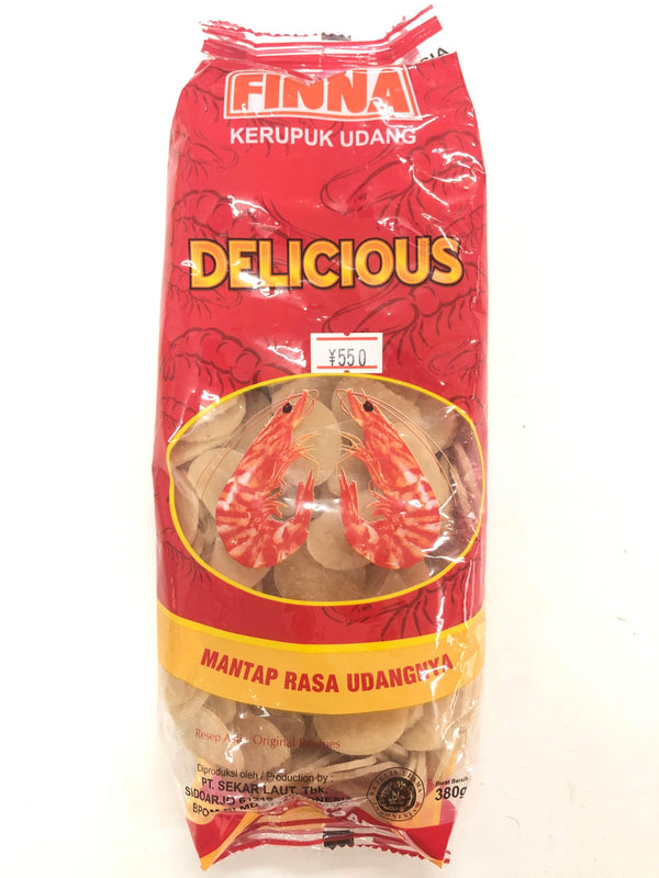 Finna Kerupuk Udang delicious shrimp crackers in red and yellow packaging with shrimp images