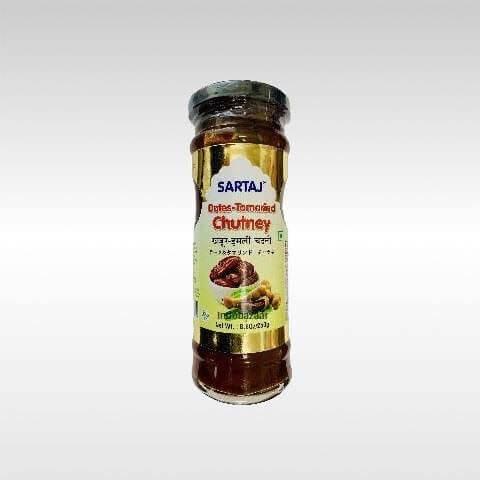 Sartaj Dates-Tomato Chutney in glass jar with yellow label, Indian condiment