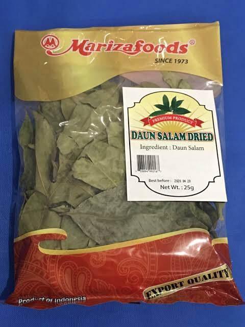 Marizafoods dried Daun Salam leaves packaged in 25g transparent bag with red and gold label, Indonesian product