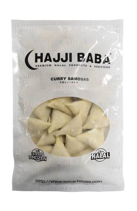Hajji Baba frozen curry samosas in clear white packaging, halal certified snack