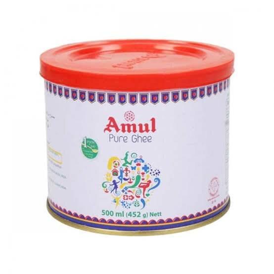 Amul Pure Ghee 500ml tin with red lid and colorful logo on white container