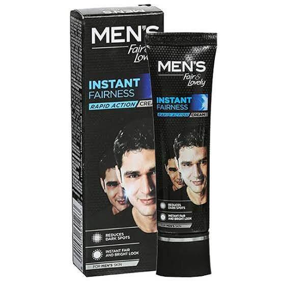 Men's Fair & Lovely Instant Fairness cream tube and box with man's face, reduces dark spots, brightens skin