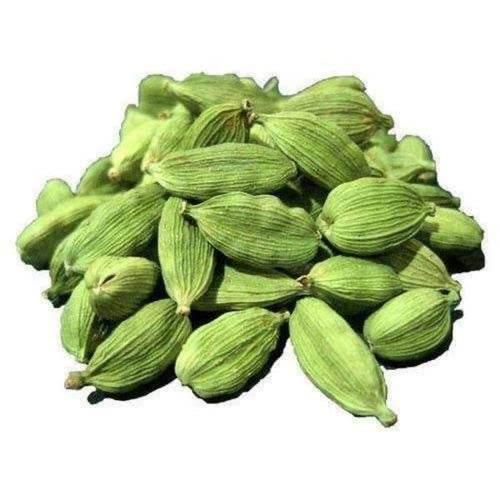 Pile of fresh green cardamom pods isolated on white background, aromatic spice