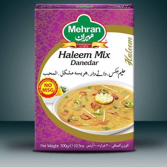 Mehran Haleem Mix Danedar box with purple design, no MSG, net weight 300g, image of prepared haleem on front
