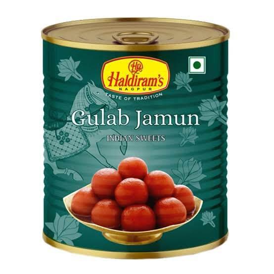 Haldiram's Gulab Jamun Indian sweets in a green metal tin with golden lid and traditional design