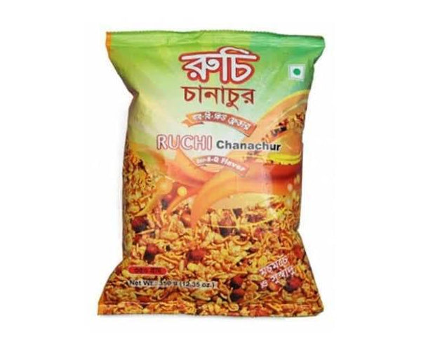 Ruchi Chanachur spicy Indian snack mix in green and orange packet with Bengali text