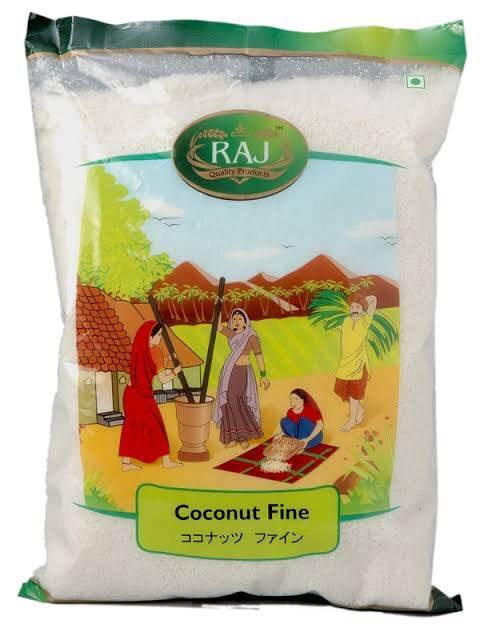 Raj brand Coconut Fine powder packaging with traditional village farming illustration