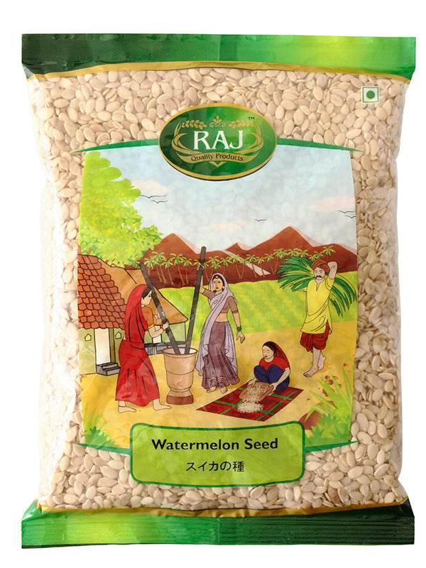 Raj brand watermelon seed packet with traditional Indian village farm illustration and seeds visible