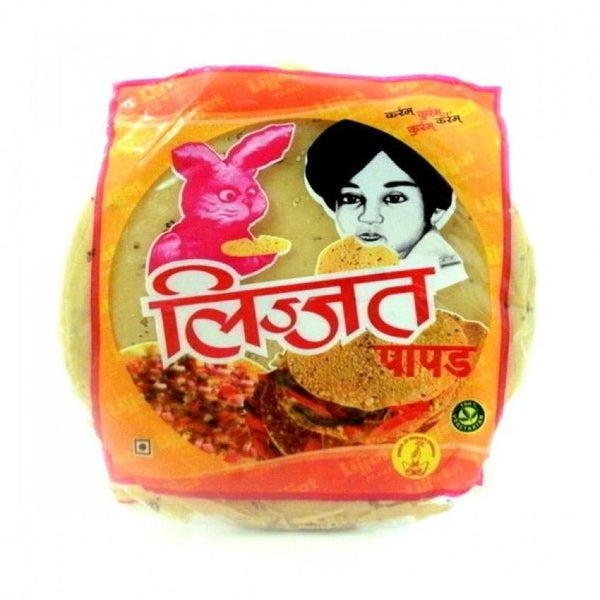 Lijjat Papad Indian snack packaging with a pink rabbit and a child's face on orange background