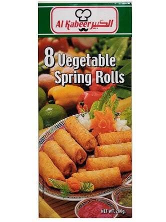 Al Kabeer 8 Vegetable Spring Rolls package with image of golden spring rolls on a plate and fresh vegetables
