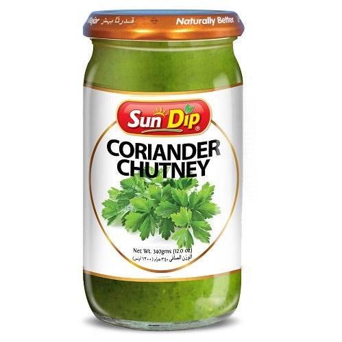Sun Dip Coriander Chutney jar with green chutney and fresh coriander leaves on label