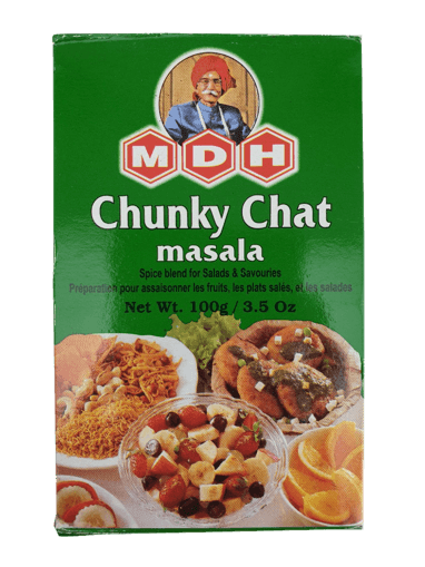 MDH Chunky Chat Masala spice blend box for salads and savories, 100g packaging with food images