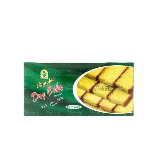 Banoful dry cake biscuits in green packaging with image of golden yellow sliced cake