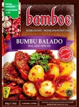Bamboe Bumbu Balado Indonesian instant spice mix packaging with vibrant red and yellow chili sauce illustration