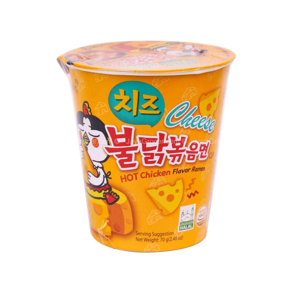 Cup of Korean cheese hot chicken flavor ramen noodles with cartoon chicken and cheese graphics