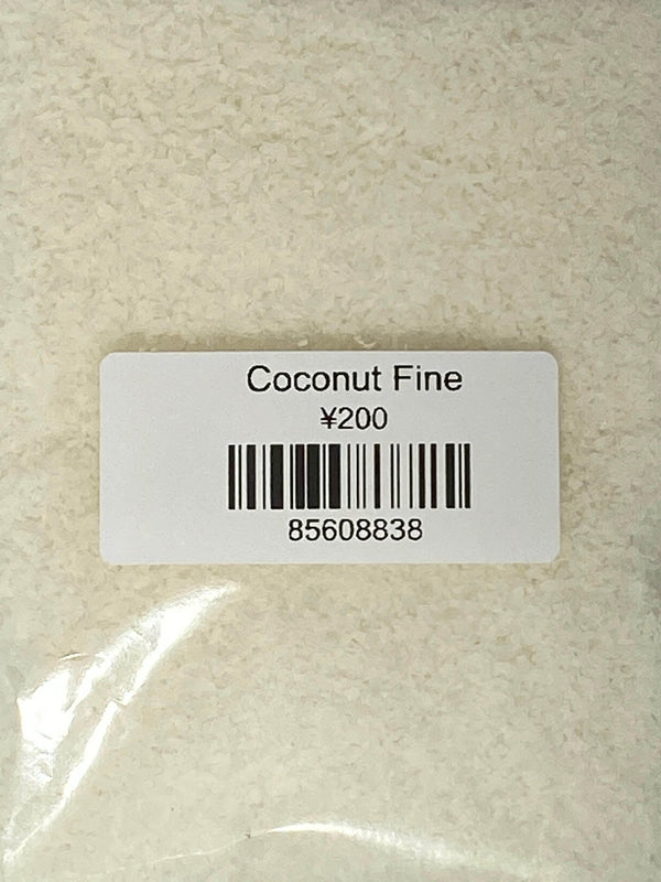 Clear plastic bag with fine coconut flakes labeled Coconut Fine priced ¥200 with barcode