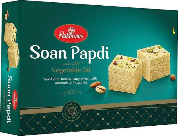 Haldiram's Soan Papdi box with traditional Indian flaky sweet made with vegetable oil, almonds, and pistachios