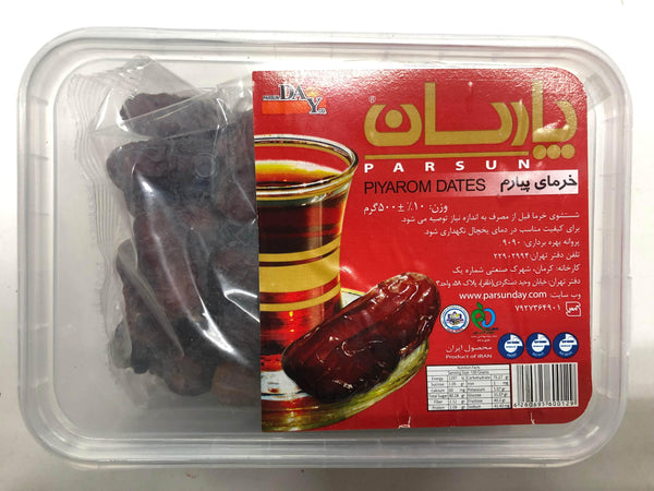 Plastic container of Parsun Piyarom Dates with nutrition facts and Persian text on red label