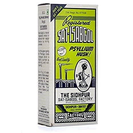 Registered Sat-Isabgol psyllium husk fiber supplement box from The Sidhpur Sat-Isabgol Factory