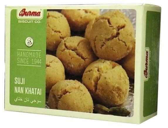 Burma Biscuit Co. Suji Nan Khatai handmade Indian cookies box with golden brown round biscuits