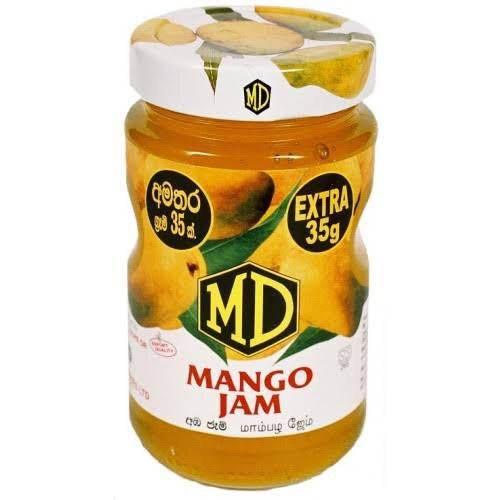 MD brand mango jam jar with extra 35g label and mango fruit images on packaging