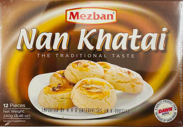 Mezban Nan Khatai traditional Indian cookies, 12 pieces, 240g pack with almonds on white plate